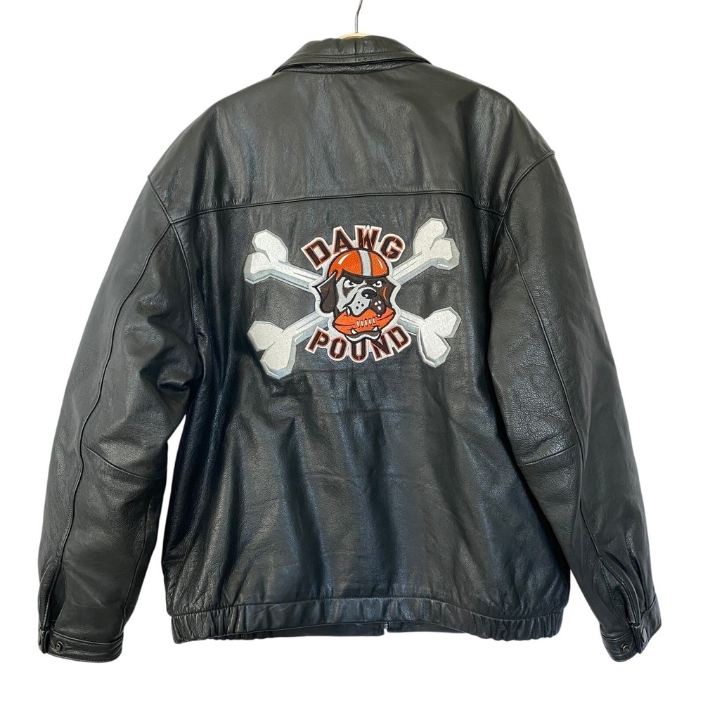 Vintage Y2K Puma Cleveland Browns Dawg Pound Leather Jacket Men L NFL Black Edgy